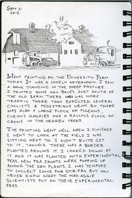 A line drawing of a barn and machinery.