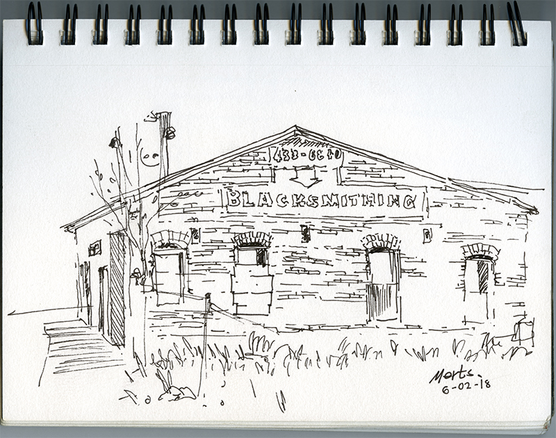 A line drawing of the side profile of a brick building with a sign that says, "Blacksmithing".