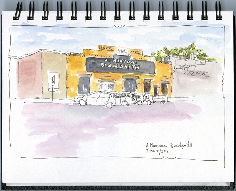 A sketch of a yellow building with a black sign that reads "A. Minchau Blacksmith".
