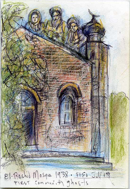 A sketch featuring the front of a red brick mosque, partially obscured by trees