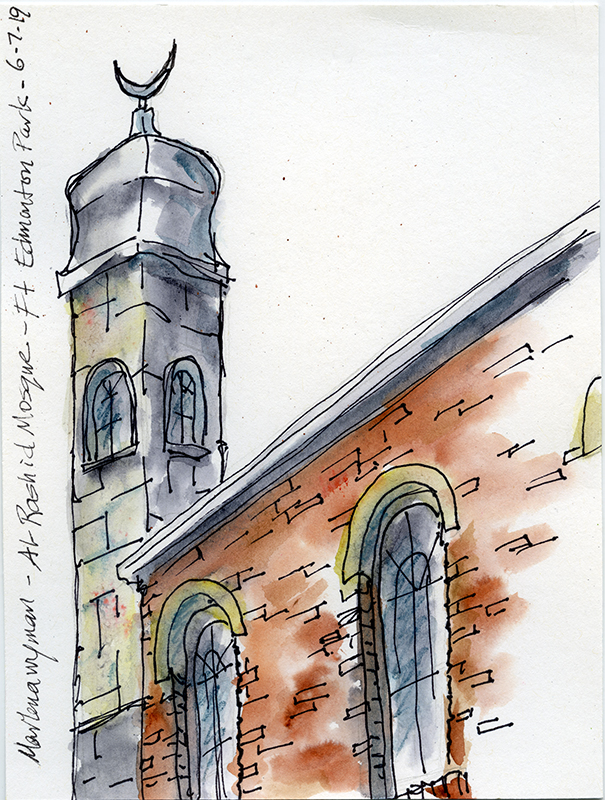 A sketch of a close-up view of a red brick mosque.