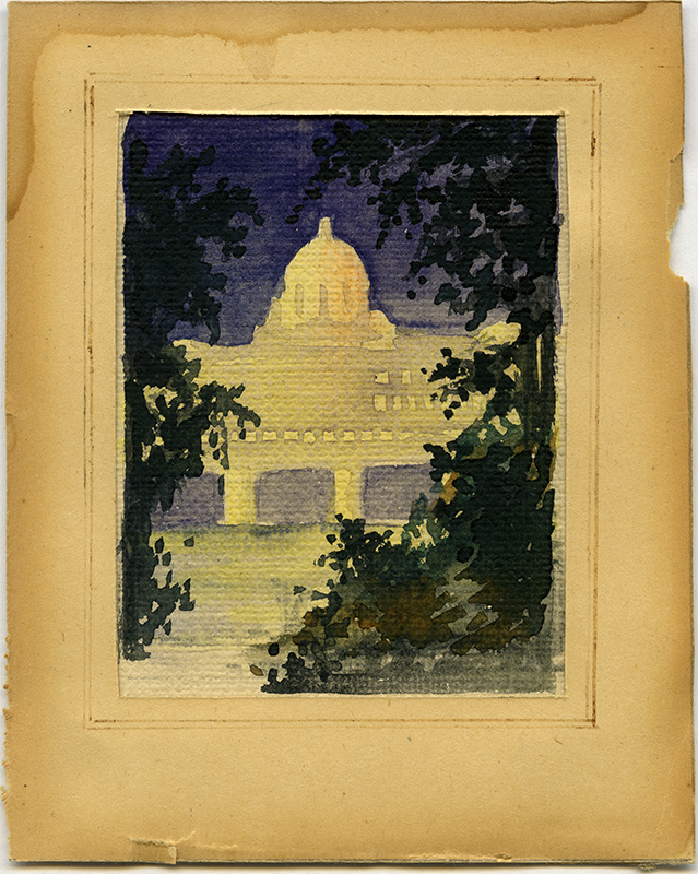 A painting of the Alberta Legislature at night, framed by leaves.