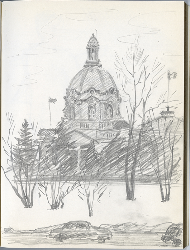 A pencil sketch of the Alberta Legislature behind a row of trees.
