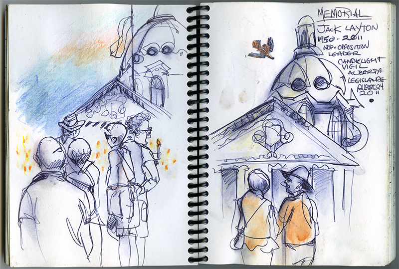 A sketch drawn in blue ink featuring people standing in front of the Alberta Legislature building.