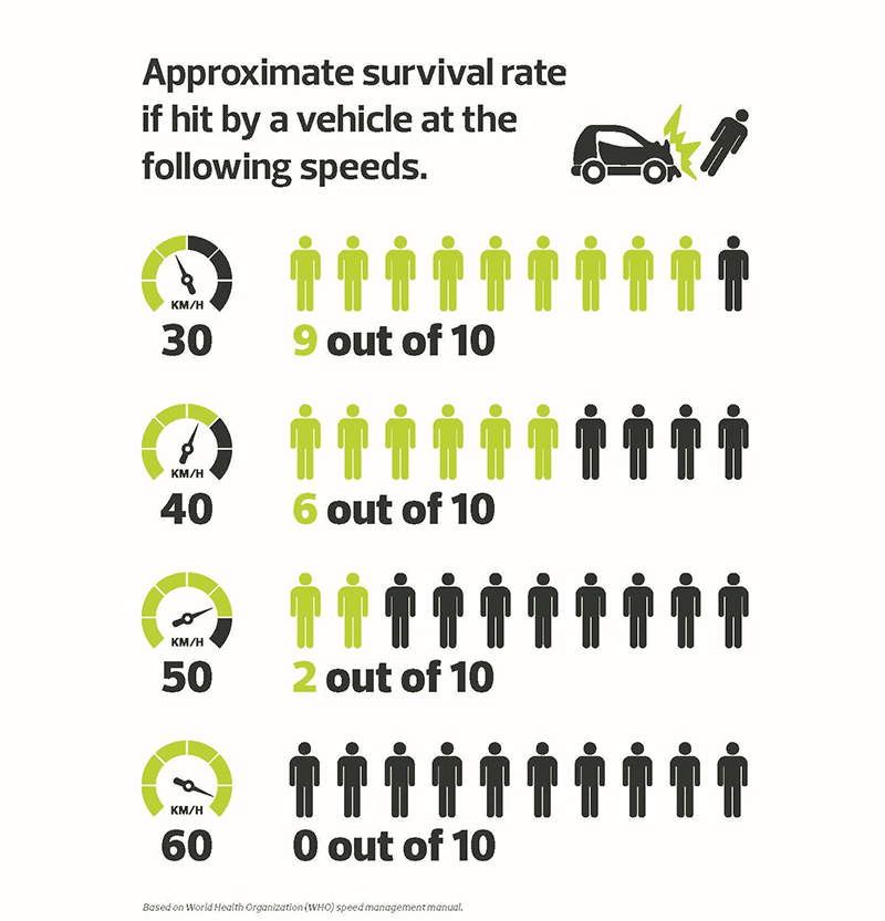 Graphic showing the approximate survival rate if hit by a vehicle at several different speeds/