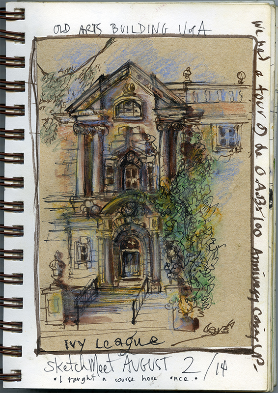 A sketch featuring the front of an ornate brick building.