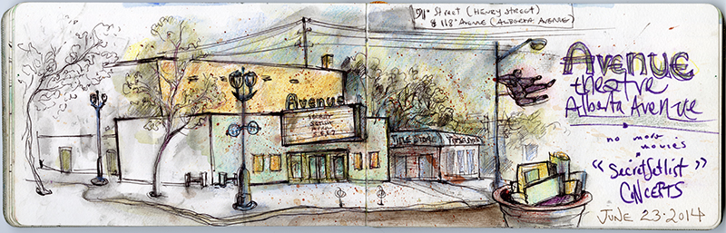 A sketch of a yellow and green theatre on a street corner.