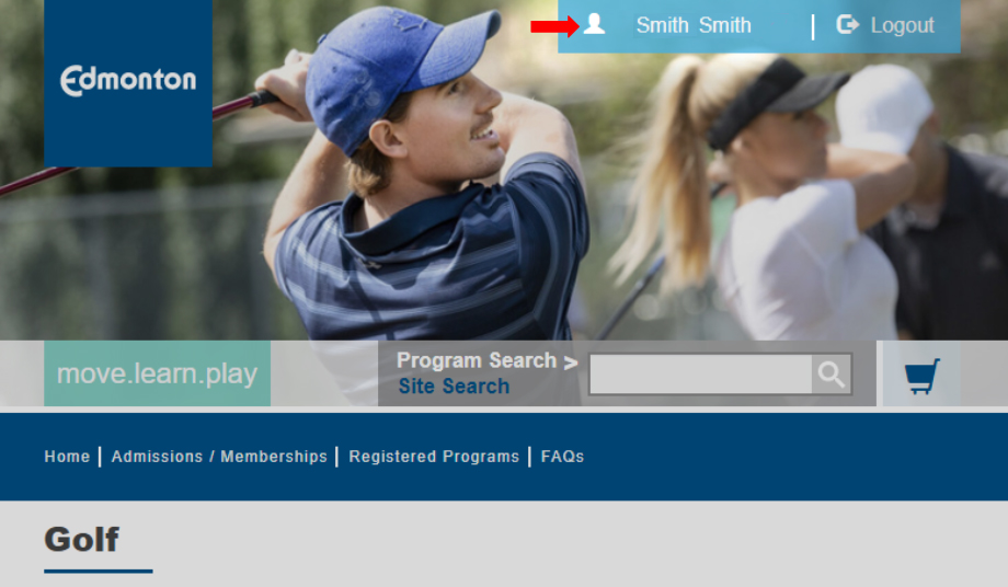 Screenshot of the Move Learn Play interface, with an arrow pointing to the username in the top-right corner. The example username is "Pocahontas Smith".