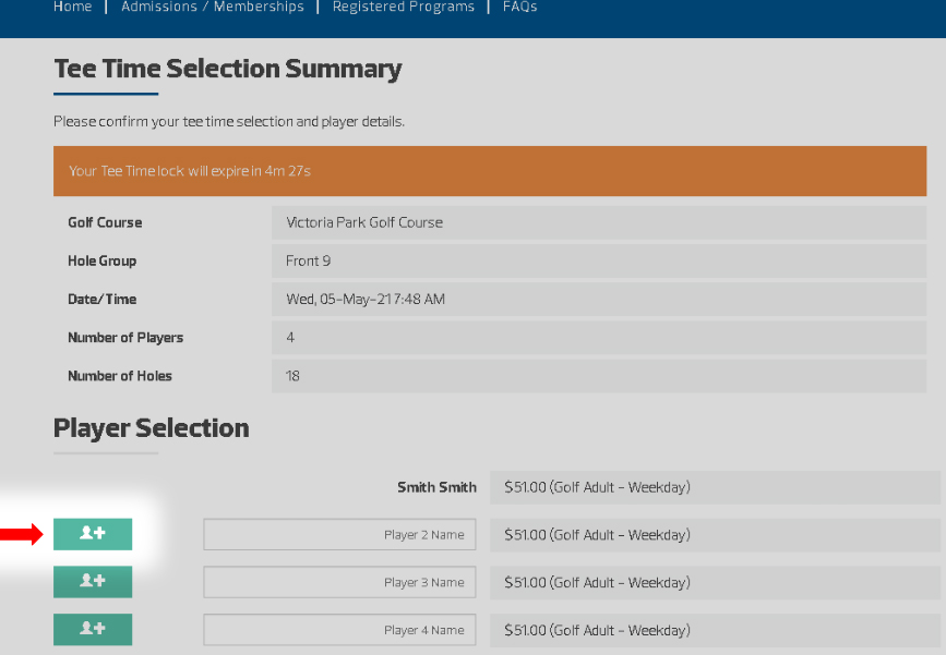 Screenshot of Tee Time Booking menu, with an arrow pointing to the + button which adds a Buddy to the user's Tee Time.