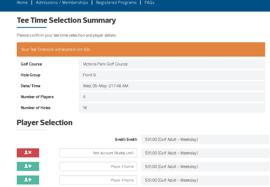 Screenshot of Tee Time Booking menu, showing that a player from the user's Buddy List has been successfully added to their Tee Time.