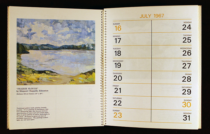 A calendar page from July 1967, featuring a painting of a lake.