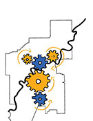 An image showing a map of Edmonton with cogs and arrows imposed over top.