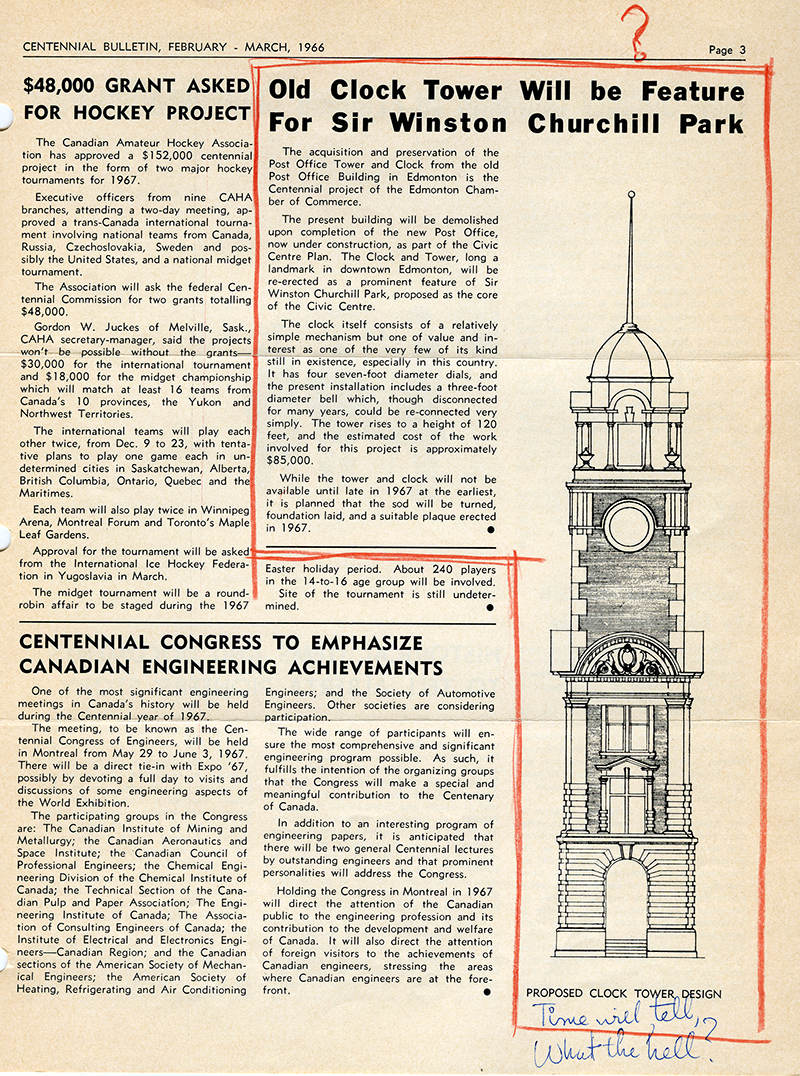 A Centennial Bulletin article from March, 1966. The headline reads "Old Clock Tower Will Be Feature For Sir Winston Churchill Park?" At the bottom, a handwritten annotation reads "Time will tell, What the hell?"