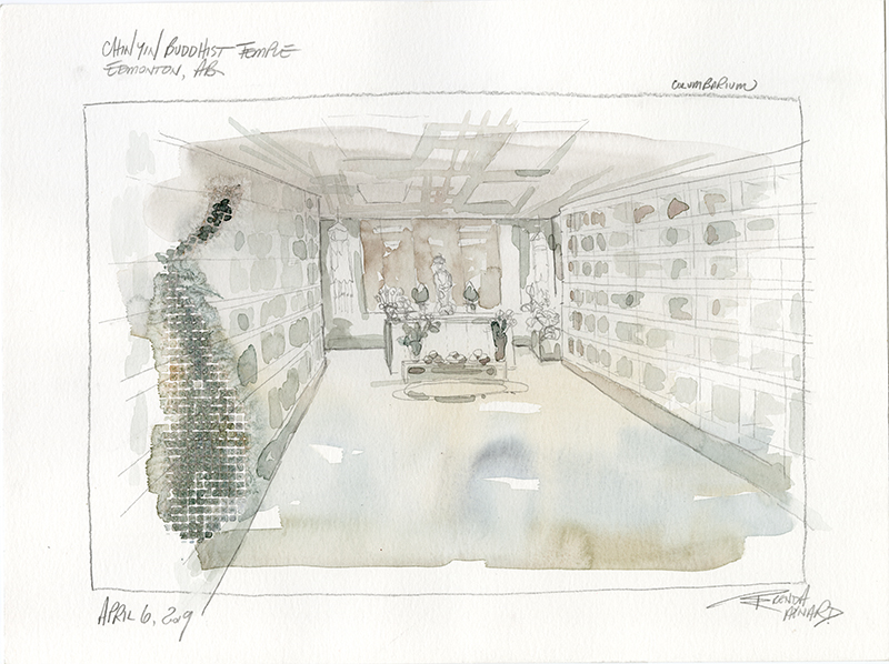A sketch of the interior of a Buddhist temple.