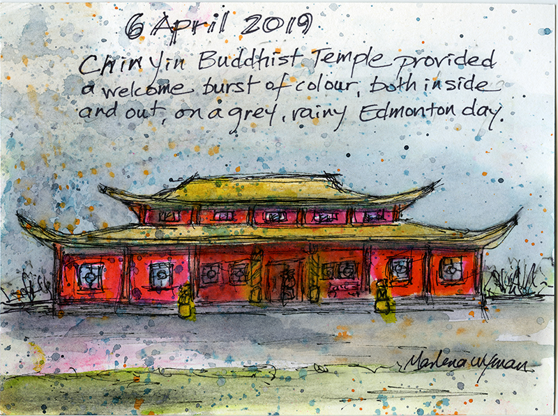 A sketch of a red Buddhist temple with a yellow roof.