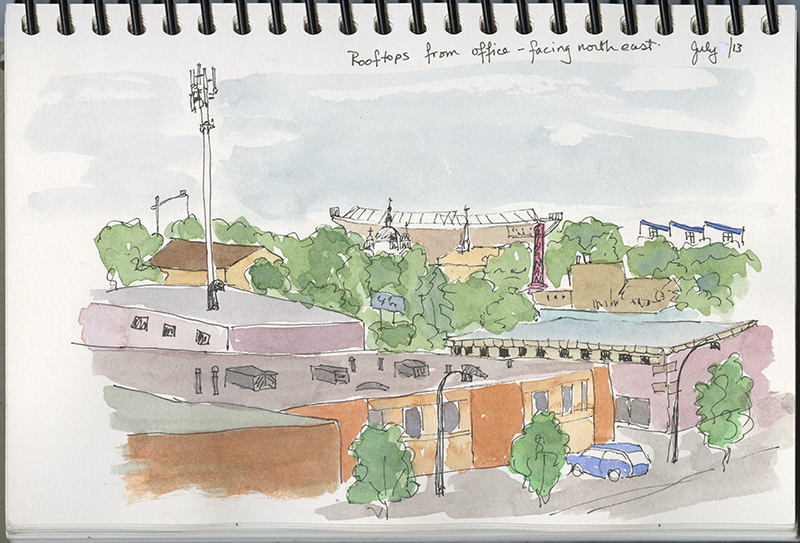 A sketch of buildings spanning off into the distance.