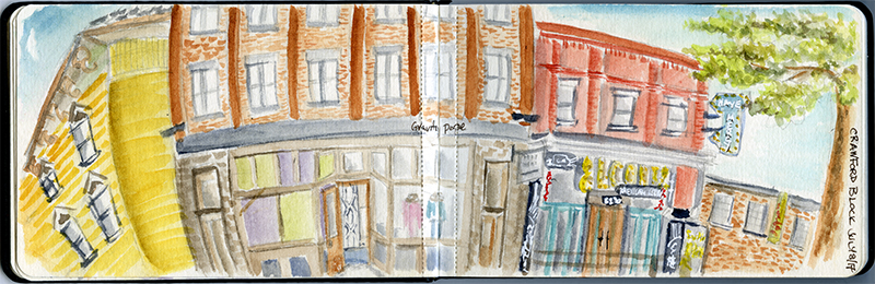A drawing featuring a street view of colourful two storey commercial buildings.