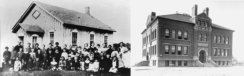 Two black and white photos side-by-side. The left photo depicts a group of children and adults gathered for a group photo outside of a small wooden school house. The right photo depicts a larger stone and brick building with multiple floors.
