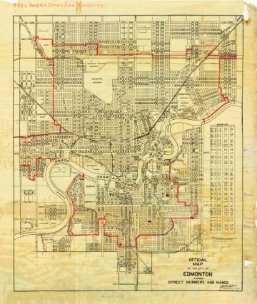 A map of Edmonton from 1933 featuring former Edmonton street names