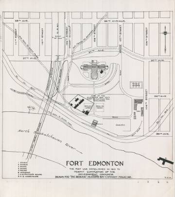 A map displaying the final location of Fort Edmonton, from approximately 1935