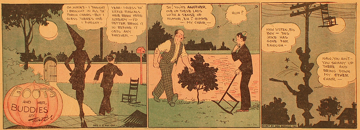 A comic strip about a boy getting reprimanded for hiding a porch chair on a telephone line as a Halloween prank.