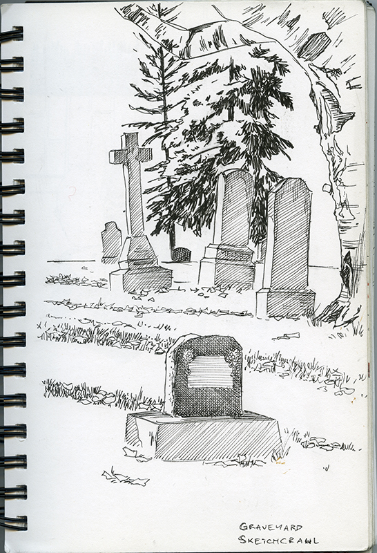 A sketch of several tombstones alongside trees.