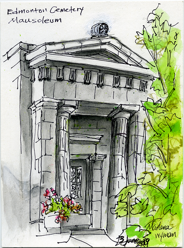 A sketch of the entrance to a stone mausoleum.