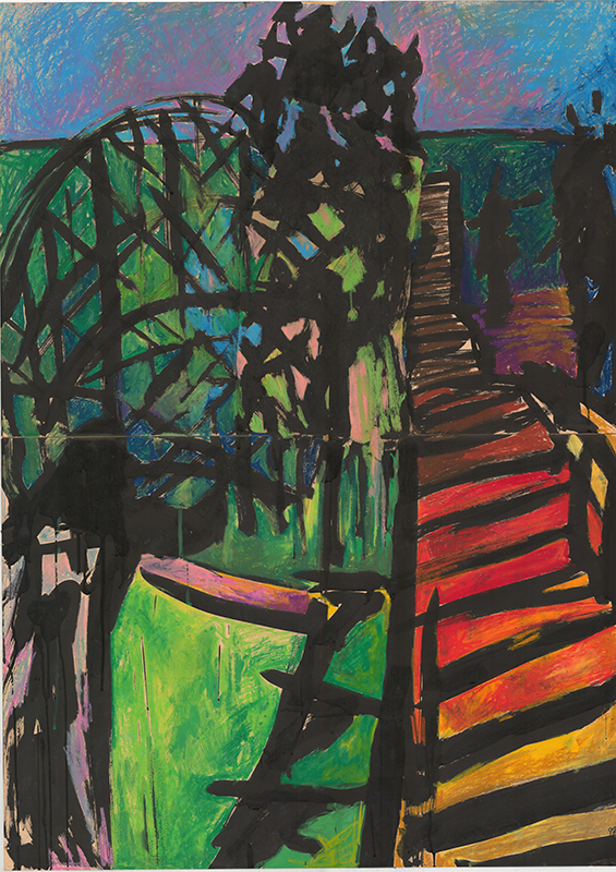 A colourful,  semi-abstract oil pastel sketch of rollercoaster tracks.