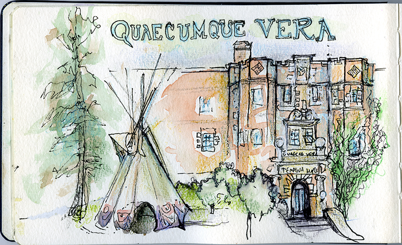 A sketch of the University of Alberta's Pembina Hall, with a tipi in the foreground.