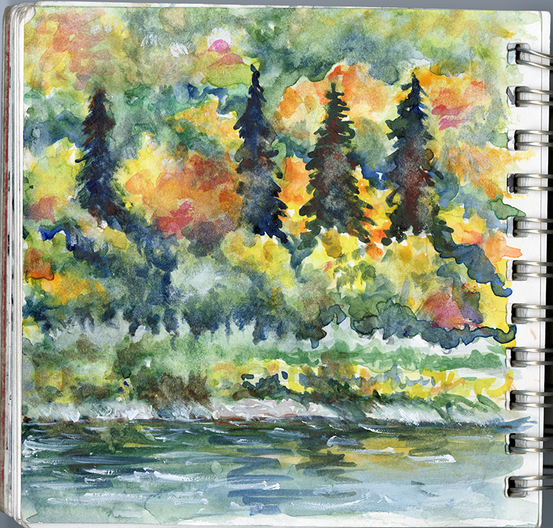 A watercolour painting of an orange, yellow, and green forest beside a river.