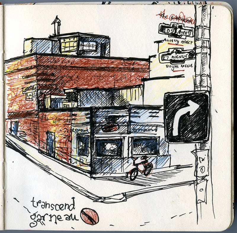 A sketch of street corner featuring road signs in the foreground, with a road, sidewalk and a brick building in the background
