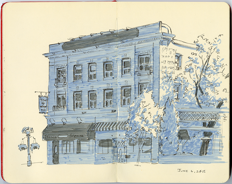 A black and white sketch of the Glenora Bed and Breakfast while illuminates the side of the building.