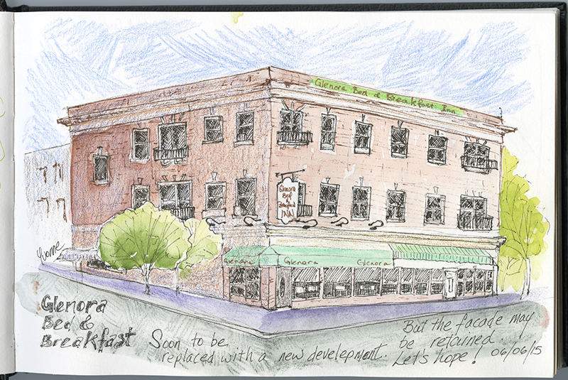A drawing of Glenora Bed and Breakfast: a red brick flat-topped building.