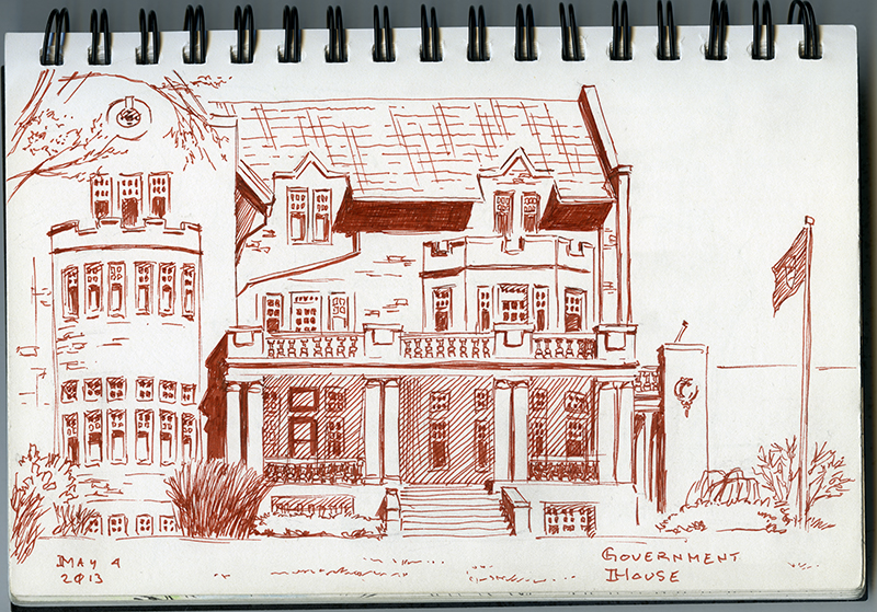 A red line drawing of a three storey government house with a verandah and an Alberta flag