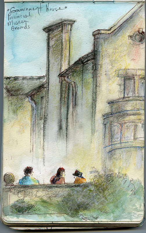 A sketch of the side of a house, and four people sitting in front of it.