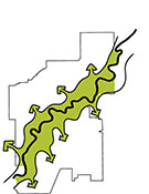 An image showing a map of Edmonton with a green highlighting spreading outward imposed over top.