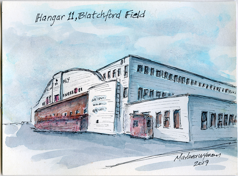 A drawing of a white World War Two era airplane hangar