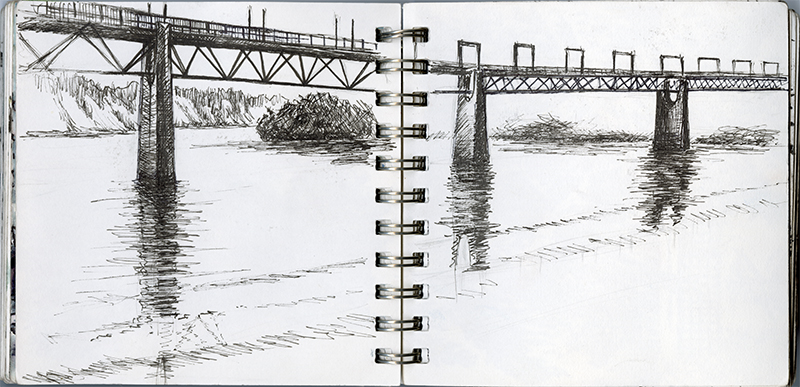A black and white sketch of The High Level Bridge (a long truss bridge) over water.