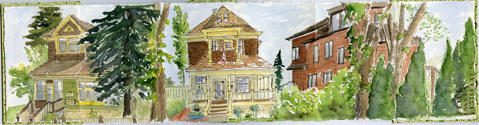 A watercolour sketch of three Edmonton houses with trees in the foreground. 