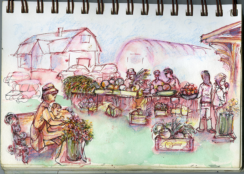 A sketch of people selling vegetables and produce near a barn.