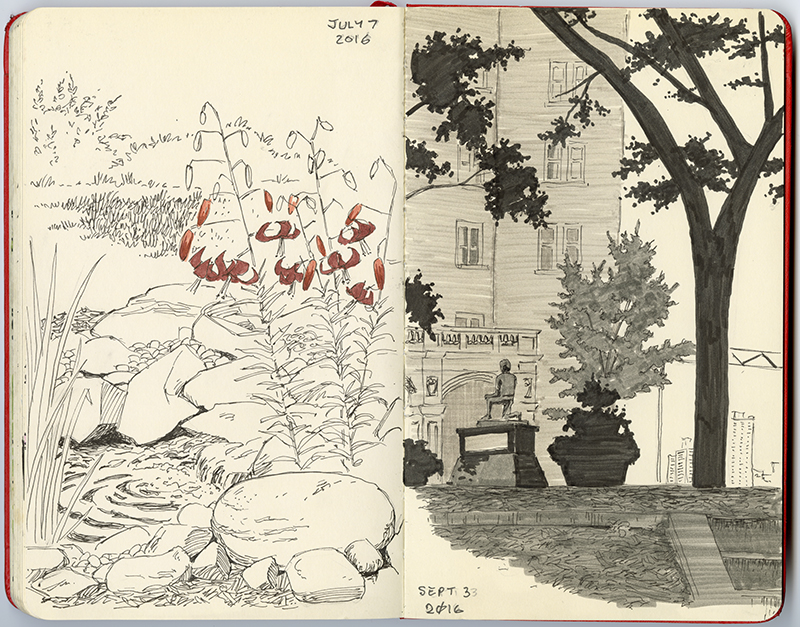 An open book featuring two drawings: a sketch of water and foliage (left);  and the entryway to Hotel Macdonald, a statue, and foliage (right).