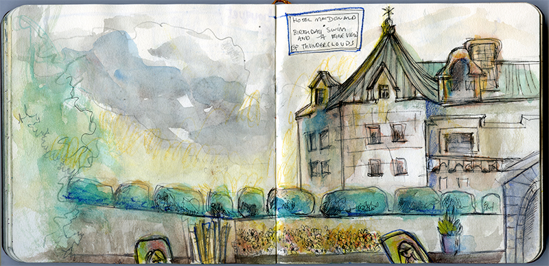 A watercolour sketch of a hotel and shrubbery.