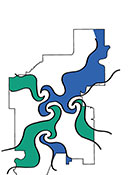 An image showing a map of Edmonton with coloured, swirling shapes imposed over top.