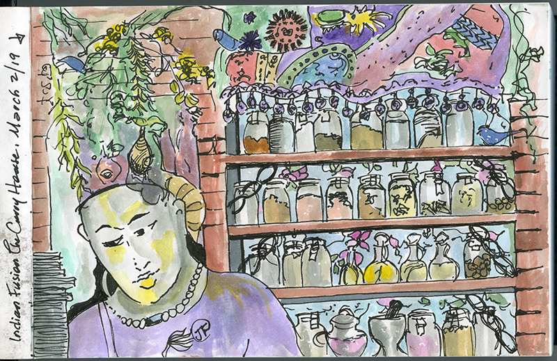 A sketch of a person standing in front of a tapestry and a shelf filled with jars of various spices.