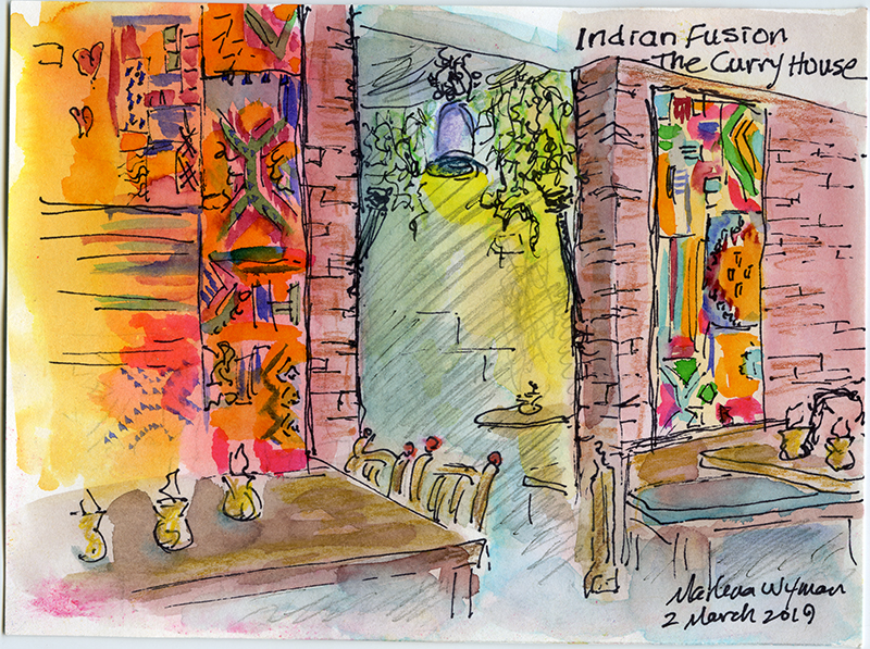 A sketch of a restaurant with wooden tables placed alongside brick walls and colourful artwork