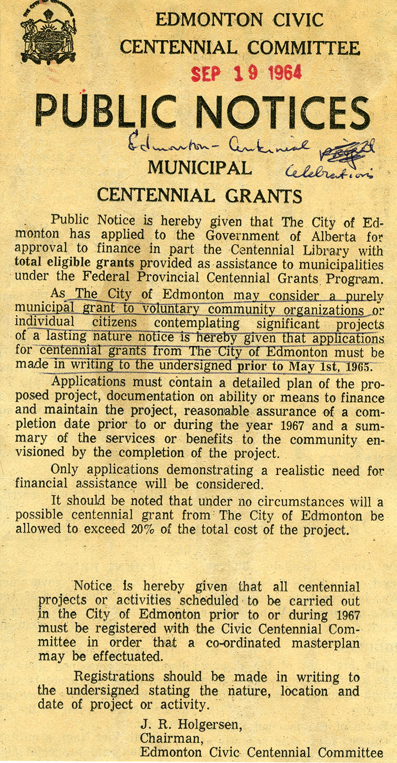 A notice from September 19, 1964, which indicates that all Centennial projects and activities scheduled in Edmonton before or during 1967 must be registered with the Civic Centennial Committee.