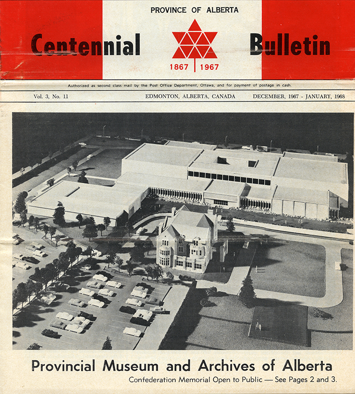 Centennial Bulletin newspaper article showing a black and white photo of the provincial museum and archives with the headline "Provincial Museum and Archives of Alberta".