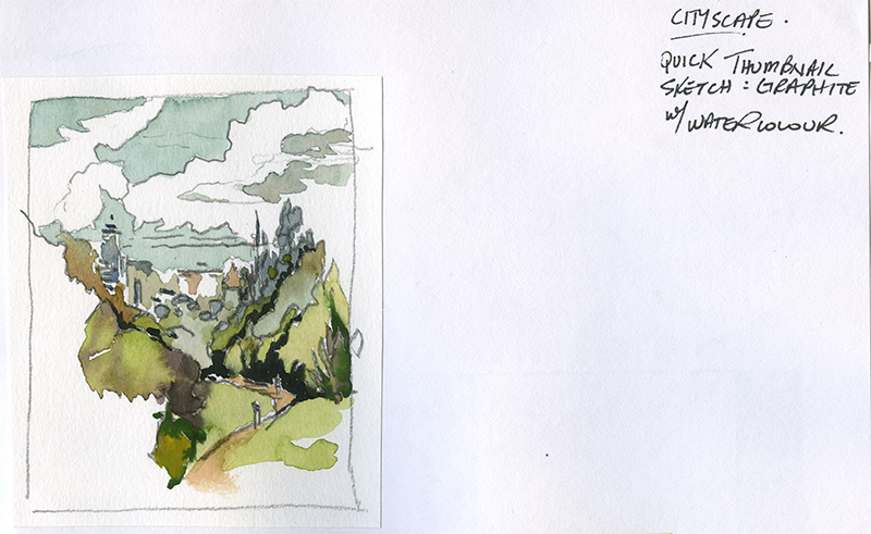 A loose sketch of trees and a walking path.