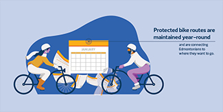 A graphic showing two cyclists with a calendar between them.