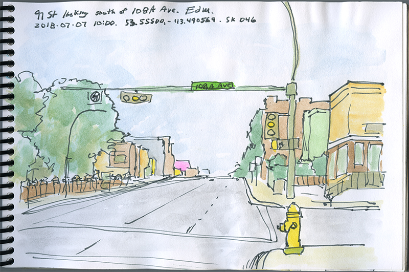 A sketch featuring buildings and traffic lights along a city road.